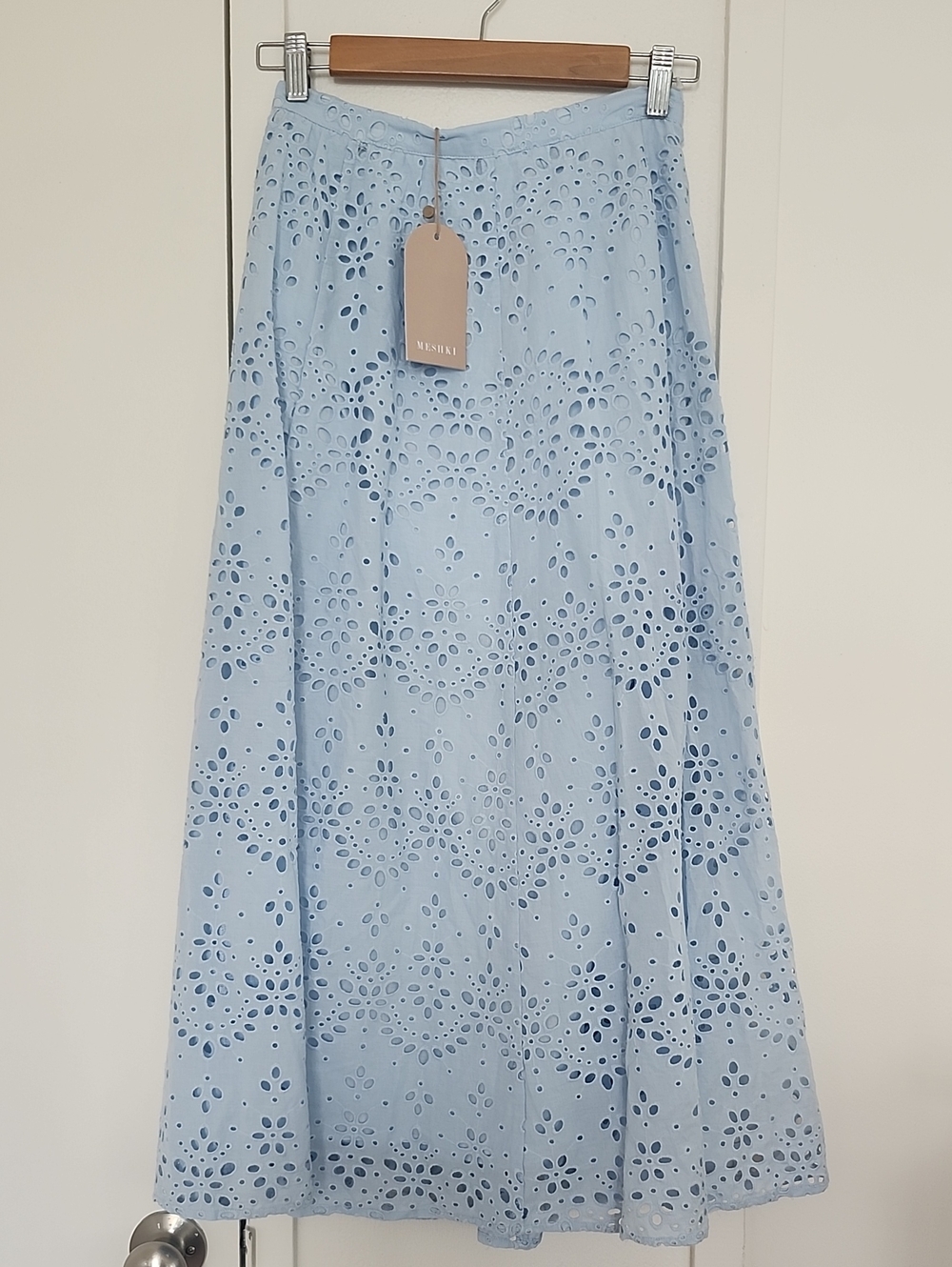 MANGO Light Blue Eyelet A-Line Midi Skirt